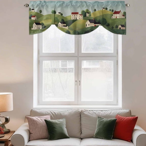 Tie Up Valance Curtain for Kitchen,Farmhouse Rolling Green Hills Rod Pocket Short Curtains Adjustable Tie-Up Shade Valances,Rural Village Houses Window Treatment for Bathroom Living Room Bedroom