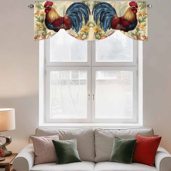 Tie Up Valance Curtain for Kitchen,Farmhouse Rooster Egg Flower Rod Pocket Short Curtains Adjustable Tie-Up Shade Valances,Country Animal Pattern Plant Window Treatment for Bathroom Bedroom