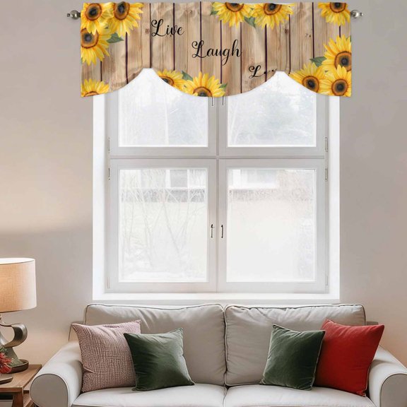 Tie Up Valance Curtain for Kitchen,Farmhouse Sunflower Retro Board Rod Pocket Short Curtains Adjustable Tie-Up Shade Valances,Summer Floral Seamless Window Treatment for Bathroom Living Room Bedroom