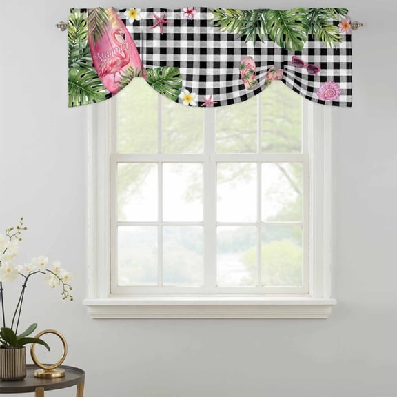 Tie Up Valance Curtain for Kitchen,Flamingo on Surfboards Ink Mirrors Rod Pocket Short Curtains Adjustable Tie-Up Shade Valances,Black White Plaid Window Treatment for Bathroom Living Room Bedroom