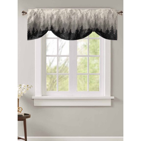 Tie Up Valance Curtain for Kitchen,Forest Tree Gradient Black Shadow Rod Pocket Short Curtains Adjustable Tie-Up Shade Valances,Ombre Retro Linen Window Treatment for Bathroom Living Room Bedroom