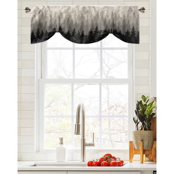 Tie Up Valance Curtain for Kitchen,Forest Tree Gradient Black Shadow Rod Pocket Short Curtains Adjustable Tie-Up Shade Valances,Ombre Retro Linen Window Treatment for Bathroom Living Room Bedroom