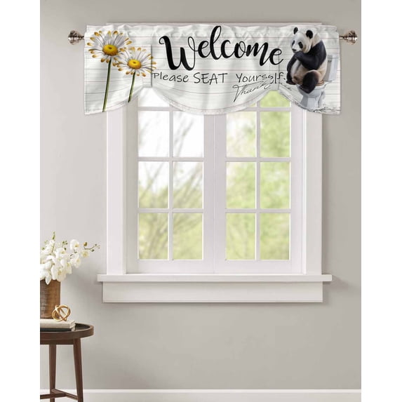 Tie Up Valance Curtain for Kitchen, Funny Animal Cute Panda Sitting Toilet Rod Pocket Short Curtains Adjustable Tie-Up Shade Valances, Farm Daisy Flower Window Treatment for Bathroom Living Room Bedroom