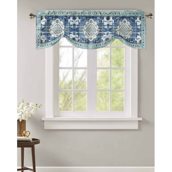 Tie Up Valance Curtain for Kitchen, Geometric Abstract Ethnic Floral Art Rod Pocket Short Curtains Adjustable Tie-Up Shade Valances, Vintage Tribal Blue Window Treatment for Bathroom Living Room Bedroom