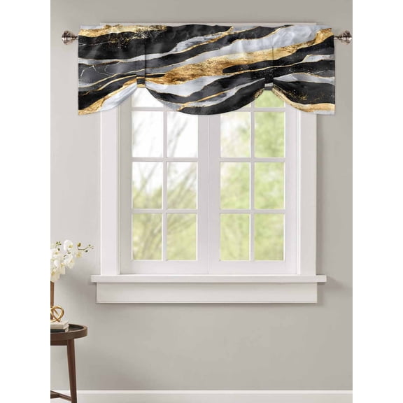 Tie Up Valance Curtain for Kitchen,Gradient Black White Marble Texture Rod Pocket Short Curtains Adjustable Tie-Up Shade Valances,Modern Abstract Art Window Treatment for Bathroom Living Room Bedroom