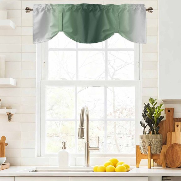 Tie Up Valance Curtain for Kitchen, Gradient Sage Green Gray Rod Pocket Short Curtains Adjustable Tie-Up Shade Valances, Modern Minimalist Style Window Treatment for Bathroom Living Room Bedroom