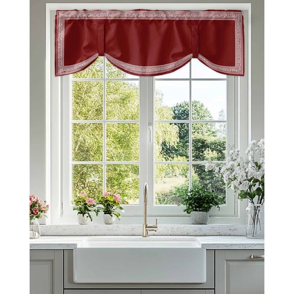 Tie Up Valance Curtain for Kitchen, Greek Abstract Inspired Key Pattern Rod Pocket Short Curtains Adjustable Tie-Up Shade Valances, Geometric Twist Line on Red Window Treatment for Bedroom 42x12in
