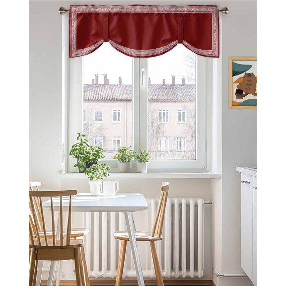Tie Up Valance Curtain for Kitchen, Greek Abstract Inspired Key Pattern Rod Pocket Short Curtains Adjustable Tie-Up Shade Valances, Geometric Twist Line on Red Window Treatment for Bedroom 42x18in