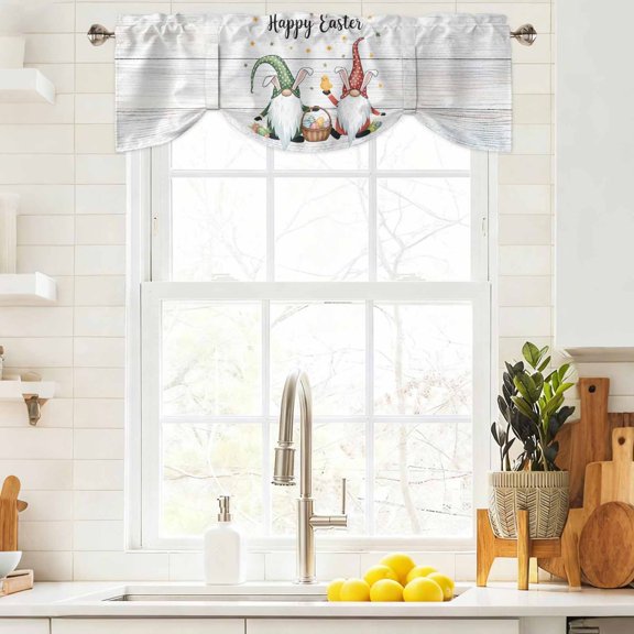Tie Up Valance Curtain for Kitchen,Happy Easter Words Gnomes Rod Pocket Short Curtains Adjustable Tie-Up Shade Valances,Eggs on Wood Board Window Treatment for Bathroom Living Room Bedroom