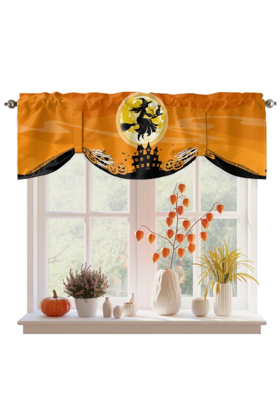 Tie Up Valance Curtain for Kitchen, Happy Halloween Witch Orange Moon Rod Pocket Curtains Adjustable Tie-Up Valances, Dead Trees Pumpkin Haunted House Window Treatment for Bedroom Bathroom 42x12in