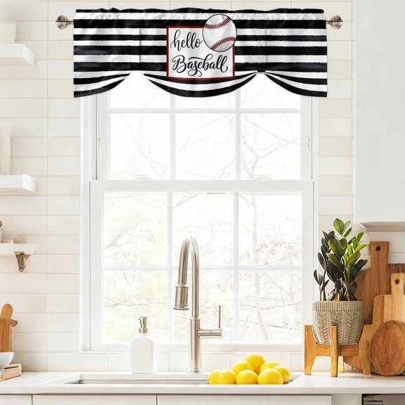 Tie Up Valance Curtain for Kitchen, Hello Baseball Words Rod Pocket Short Curtains Adjustable Tie-Up Shade Valances, Black White Striped Window Treatment for Bathroom Living Room Bedroom