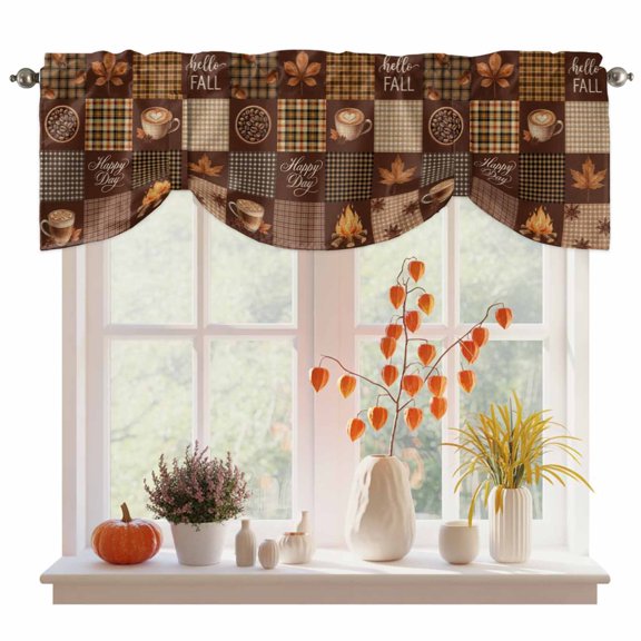 Tie Up Valance Curtain for Kitchen, Hello Fall Happy Day Words Rod Pocket Short Curtains Adjustable Tie-Up Shade Valances, Maple Leaves Coffee Window Treatment for Bedroom Bathroom 42x12in