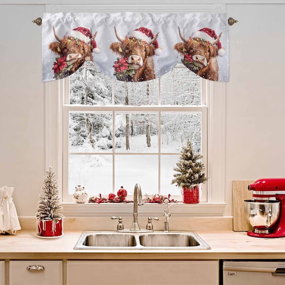 Tie Up Valance Curtain for Kitchen,Highland Cattle Christmas Poinsettia Flower Rod Pocket Short Curtains Adjustable Tie-Up Shade Valances,Winter Snow Seamless Window Treatment for Bathroom