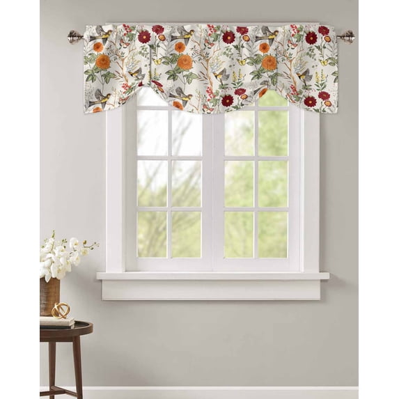 Tie Up Valance Curtain for Kitchen, Idyllic Birds Butterfly on Floral Botanical Rod Pocket Short Curtains Adjustable Tie-Up Shade Valances, Branch Leaves Window Treatment for Bathroom Living Room Bedroom
