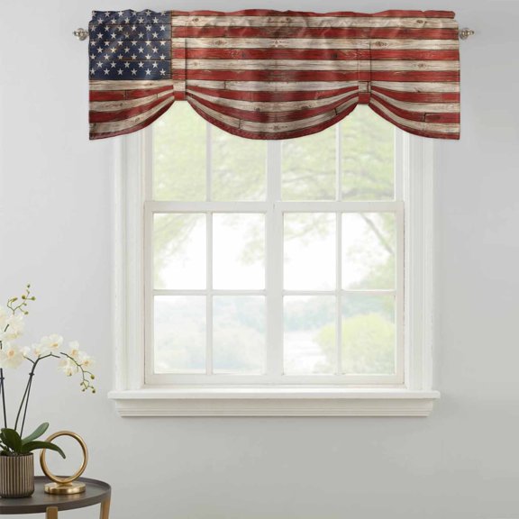 Tie Up Valance Curtain for Kitchen,Independence Day American Flag Rod Pocket Short Curtains Adjustable Tie-Up Shade Valances,Retro Farm Wood Board Window Treatment for Bathroom Living Room Bedroom