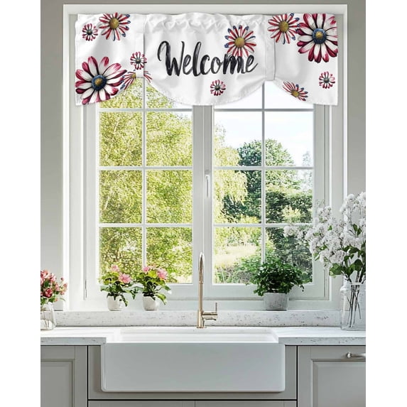 Tie Up Valance Curtain for Kitchen, Independence Day Red Daisy Rod Pocket Short Curtains Adjustable Tie-Up Shade Valances, Patriotic Stripes and Stars Window Treatment for Bathroom Living Room Bedroom