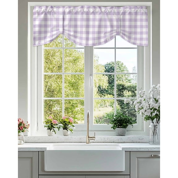 Tie Up Valance Curtain for Kitchen,Lavender Purple Grid Rod Pocket Short Curtains Adjustable Tie-Up Shade Valances,Farm Pastoral Theme Window Treatment for Bathroom Living Room Bedroom