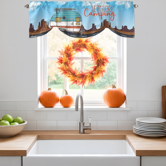 Tie Up Valance Curtain for Kitchen,Let's Go Camping Words Rod Pocket Short Curtains Adjustable Shade Valances,Blue White Travel Camper Van Window Treatment for Bathroom Living Room,42x12in
