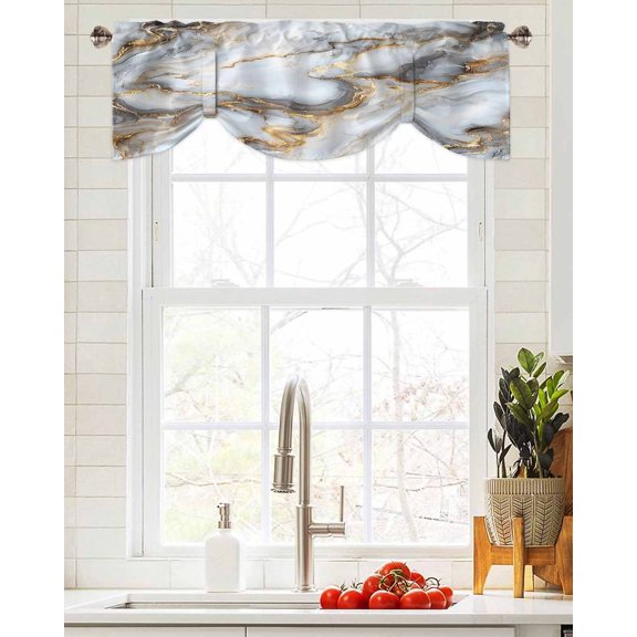 Tie Up Valance Curtain for Kitchen,Marble Texture Pattern Rod Pocket Short Curtains Adjustable Tie-Up Shade Valances,Abstract Gold Striped Window Treatment for Bathroom Living Room Bedroom