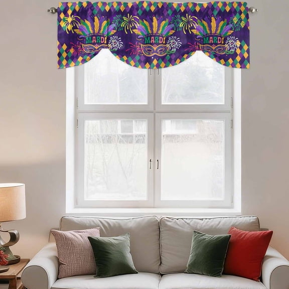 Tie Up Valance Curtain for Kitchen,Mardi Gras Ethnic Tribal Feather Rod Pocket Short Curtains Adjustable Tie-Up Shade Valances,Mask on Purple Diamond Grid Window Treatment for Bathroom Bedroom
