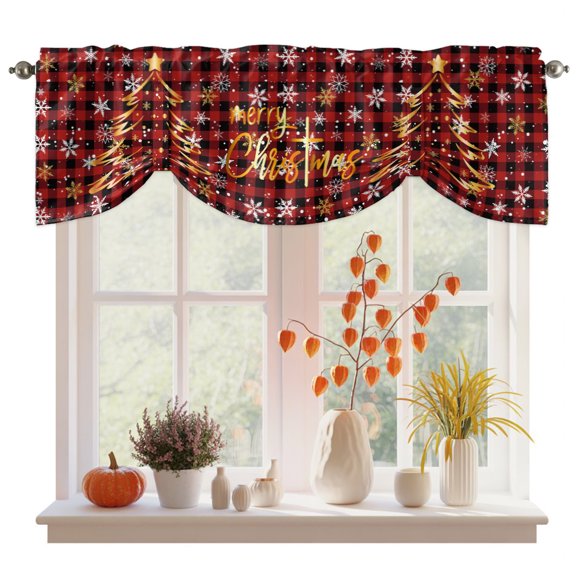 Tie Up Valance Curtain for Kitchen, Merry Christmas Tree Winter Snowflakes Rod Pocket Curtains Adjustable Tie-Up Shade Valances, Red Black Plaid Lattice Window Treatment for Bedroom Bathroom 42x12in
