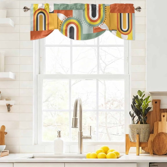Tie Up Valance Curtain for Kitchen,Middle Century Geometric Art Rod Pocket Short Curtains Adjustable Tie-Up Shade Valances,Retro Nordic Abstract Arch Window Treatment for Bathroom Living Room Bedroom