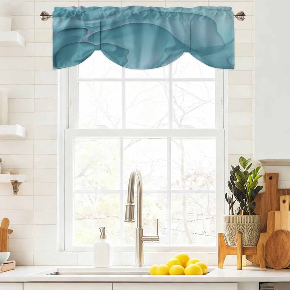 Tie Up Valance Curtain for Kitchen, Mint Green Marble Fluid Art Rod Pocket Short Curtains Adjustable Tie-Up Shade Valances, Modern Abstract Turquoise Window Treatment for Bathroom Living Room Bedroom