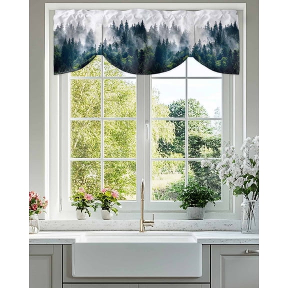 Tie Up Valance Curtain for Kitchen, Misty Forest Foggy Mountain Tree Rod Pocket Short Curtains Adjustable Tie-Up Shade Valances, Nature Landscape Window Treatment for Bathroom Living Room Bedroom