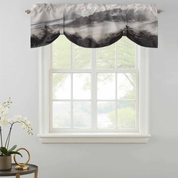 Tie Up Valance Curtain for Kitchen, Misty Snow Mountains Rod Pocket Short Curtains Adjustable Tie-Up Shade Valances, Forest Landscape Grey Window Treatment for Bathroom Living Room Bedroom