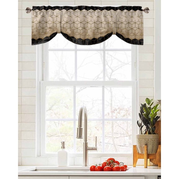 Tie Up Valance Curtain for Kitchen,Modern Brown Black Geometric Texture Rod Pocket Short Curtains Adjustable Tie-Up Shade Valances,Abstract Gold Line Window Treatment for Bathroom Living Room Bedroom