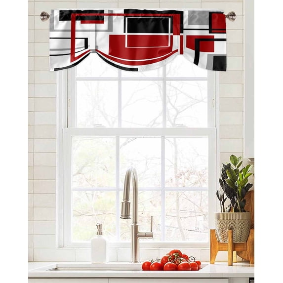 Tie Up Valance Curtain for Kitchen, Modern Burgundy Red Black White Art Rod Pocket Short Curtains Adjustable Tie-Up Shade Valances, Abstract Geometric Window Treatment for Bathroom Living Room Bedroom