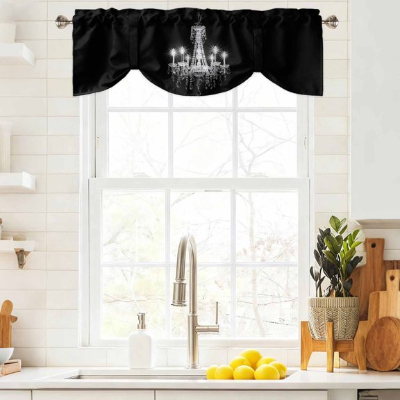 Tie Up Valance Curtain for Kitchen, Modern Crystal Lighting on Black Rod Pocket Short Curtains Adjustable Tie-Up Shade Valances, Chandelier Candle Window Treatment for Bathroom Living Room Bedroom