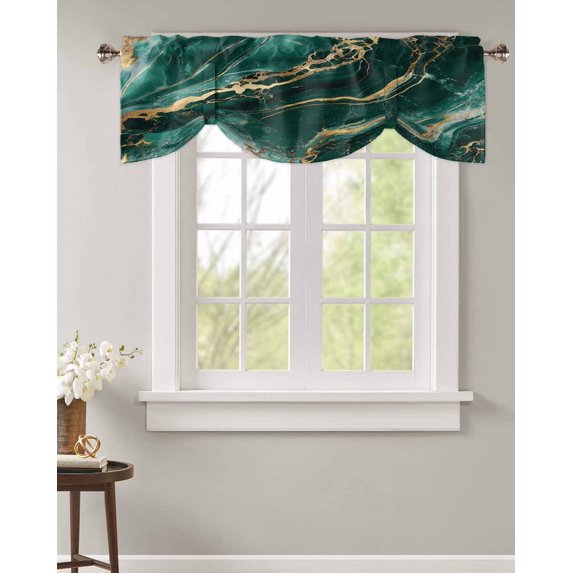 Tie Up Valance Curtain for Kitchen, Modern Dark Green Liquid Line Rod Pocket Short Curtains Adjustable Tie-Up Shade Valances, Abstract Simple Gold Window Treatment for Bathroom Living Room Bedroom