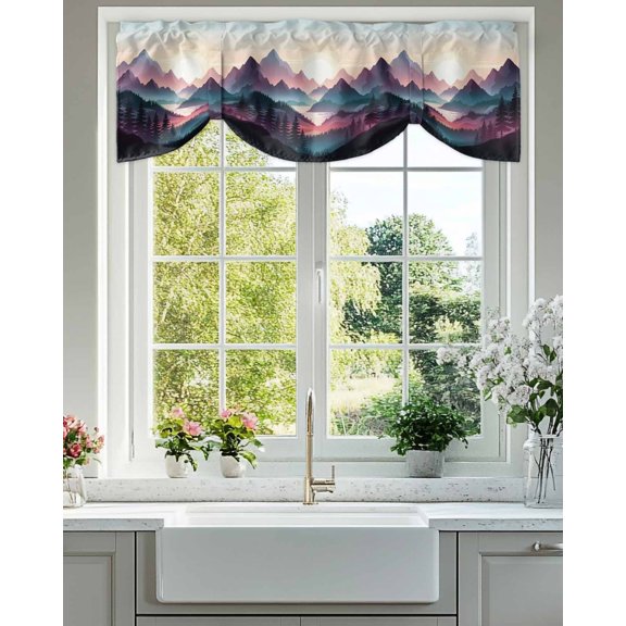 Tie Up Valance Curtain for Kitchen, Modern Mountain Sunrise Tree Rod Pocket Short Curtains Adjustable Tie-Up Shade Valances, Forest Natural Landscape Window Treatment for Bedroom Bathroom 42x12in