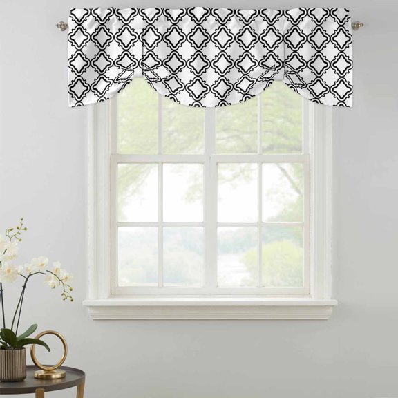 Tie Up Valance Curtain for Kitchen,Moroccan Black White Classic Lattice Rod Pocket Short Curtains Adjustable Tie-Up Shade Valances,Abstract Plaid Texture Window Treatment for Bathroom Living Room