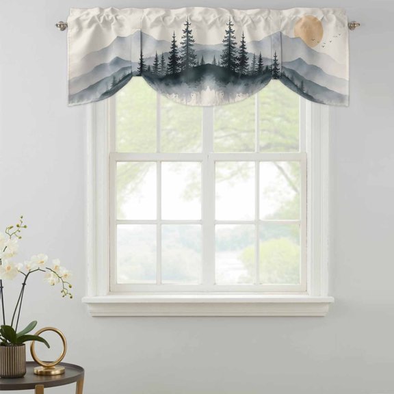 Tie Up Valance Curtain for Kitchen,Mountain Sun Landscape Rod Pocket Short Curtains Adjustable Tie-Up Shade Valances,Misty Pine Tree Forest Window Treatment for Bathroom Living Room Bedroom