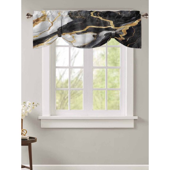 Tie Up Valance Curtain for Kitchen,Natural Black White Marble Gold Crack Rod Pocket Short Curtains Adjustable Tie-Up Shade Valances,Abstract Stone Texture Window Treatment for Bathroom Living Room