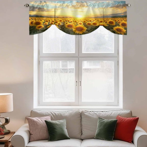 Tie Up Valance Curtain for Kitchen,Natural Garden Sunflower Sunset Rod Pocket Short Curtains Adjustable Tie-Up Shade Valances,Summer Wild Floral Plant Window Treatment for Bathroom Living Room