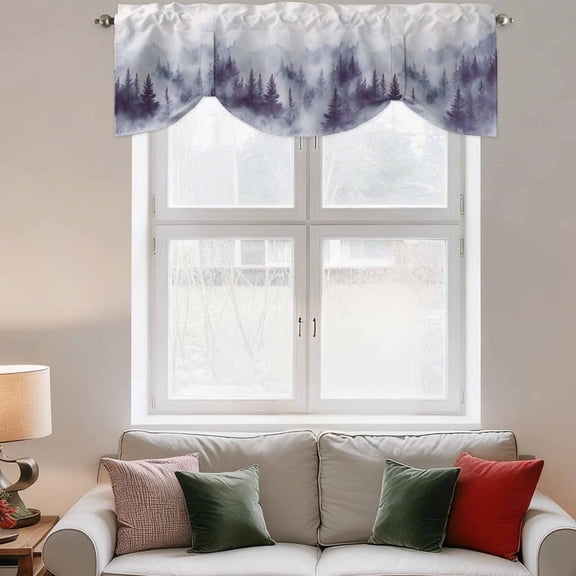 Tie Up Valance Curtain for Kitchen,Natural Misty Mountain Tree Forest Rod Pocket Short Curtains Adjustable Tie-Up Shade Valances,Wild Hill Foggy Scenery Window Treatment for Bathroom Bedroom
