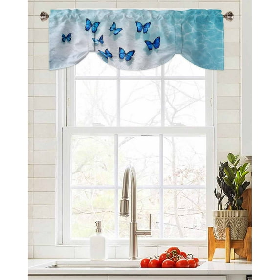 Tie Up Valance Curtain for Kitchen,Natural Ocean Beach Blue Butterfly Rod Pocket Short Curtains Adjustable Tie-Up Shade Valances,Summer Coastal Scene Window Treatment for Bathroom Living Room Bedroom