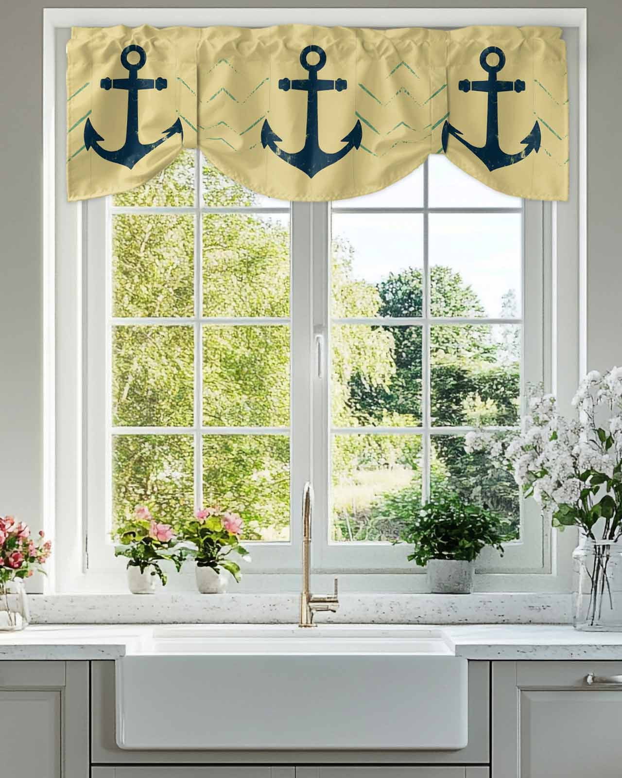 Tie Up Valance Curtain for Kitchen, Nautical Black Anchor on Yellow Rod