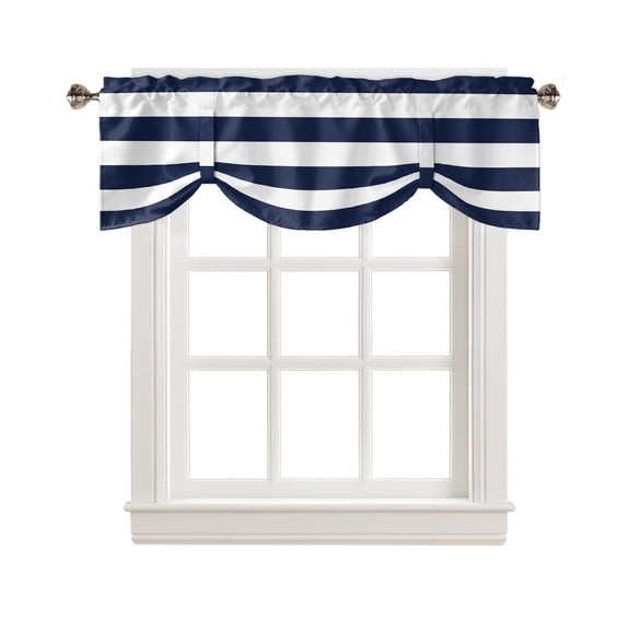Tie Up Valance Curtain for Kitchen,Nautical Navy Blue Stripes on White Rod Pocket Short Curtains Adjustable Tie-Up Shade Valances,Simple Lines Window Treatment for Bathroom Bedroom