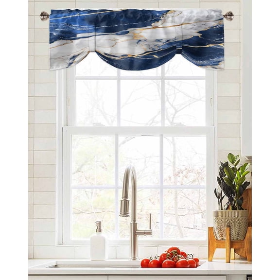 Tie Up Valance Curtain for Kitchen,Navy Blue Grey Marble Rod Pocket Short Curtains Adjustable Tie-Up Shade Valances,Gold Foil Abstract Stripe Window Treatment for Bathroom Living Room Bedroom