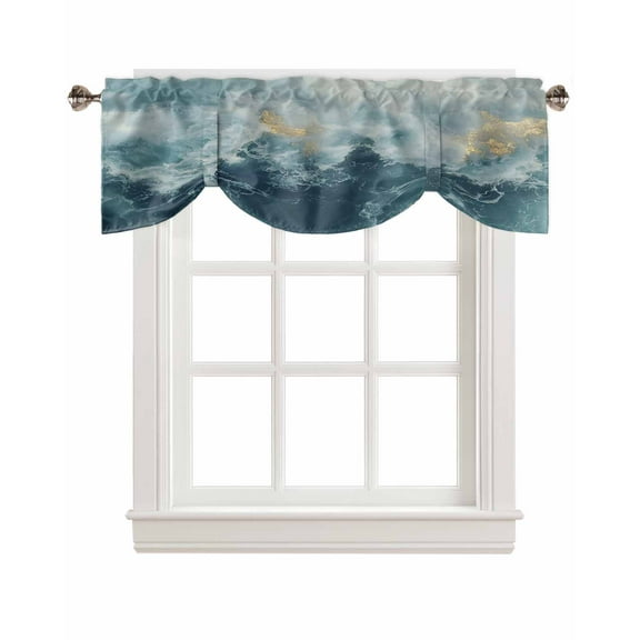 Tie Up Valance Curtain for Kitchen,Navy Blue Light Ocean Waves Rod Pocket Short Curtains Adjustable Tie-Up Shade Valances,Abstract Turquoise Layers Window Treatment for Bathroom Bedroom