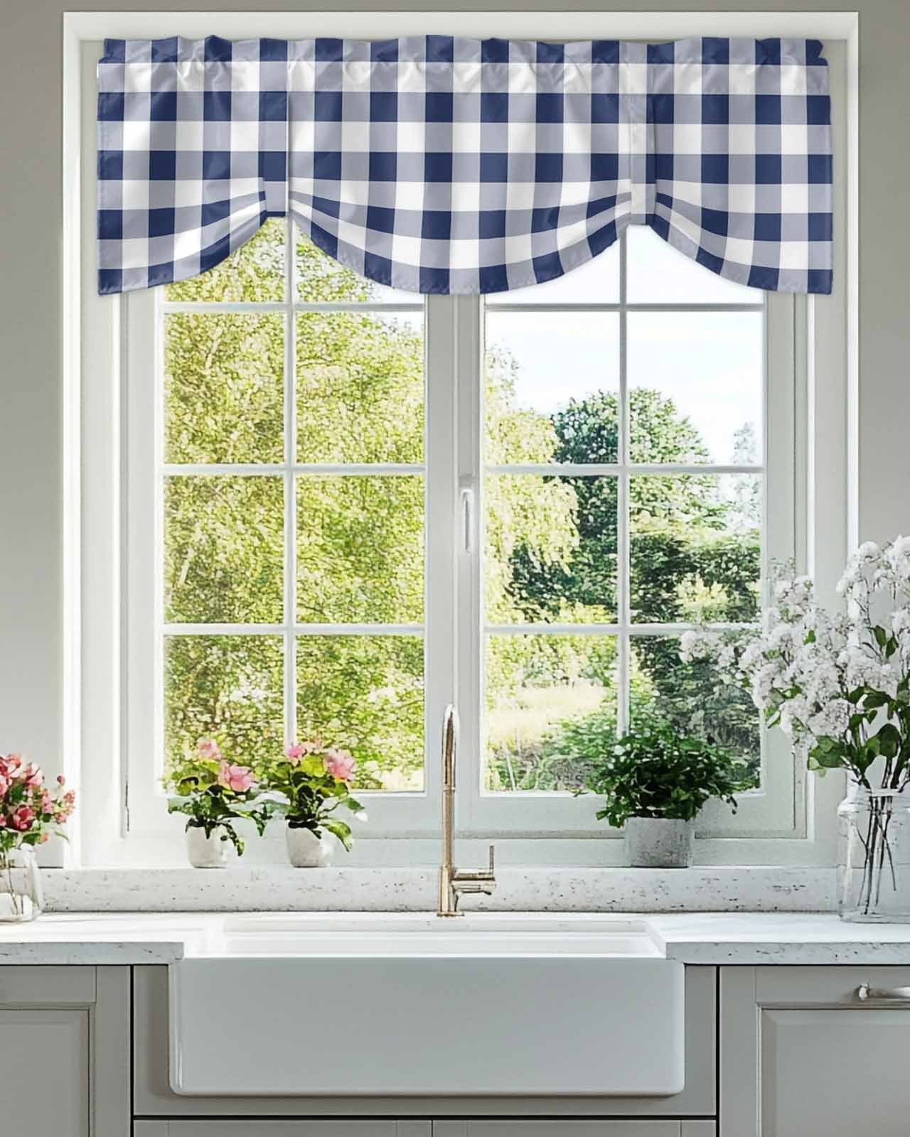 Tie Up Valance Curtain for Kitchen,Navy Blue and White Grid Rod Pocket ...