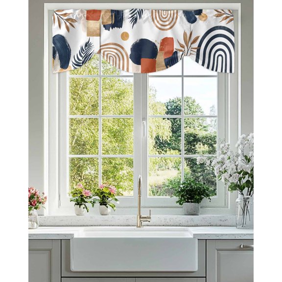 Tie Up Valance Curtain for Kitchen,Nordic Abstract Leaves Arch Sun Rod Pocket Short Curtains Adjustable Tie-Up Shade Valances,Terracotta Aesthetic Color Block Window Treatment for Living Room