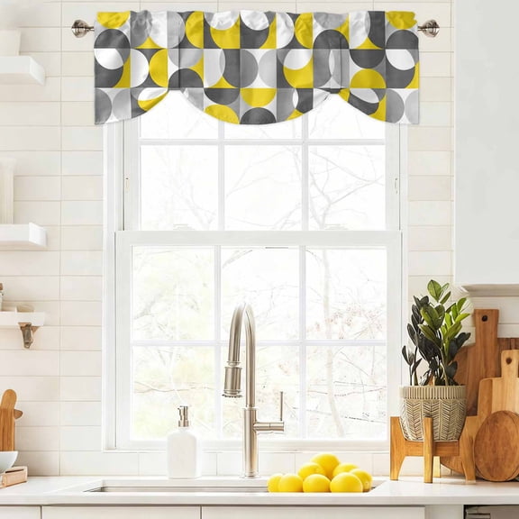 Tie Up Valance Curtain for Kitchen,Nordic Medieval Splicing Half Circle Rod Pocket Short Curtains Adjustable Tie-Up Shade Valances,Yellow Grey Abstract Window Treatment for Bathroom Bedroom