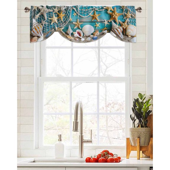 Tie Up Valance Curtain for Kitchen, Ocean Beach Starfish Conch Fishing Net Rod Pocket Short Curtains Adjustable Tie-Up Shade Valances, Blue Wood Board Window Treatment for Bathroom Living Room Bedroom