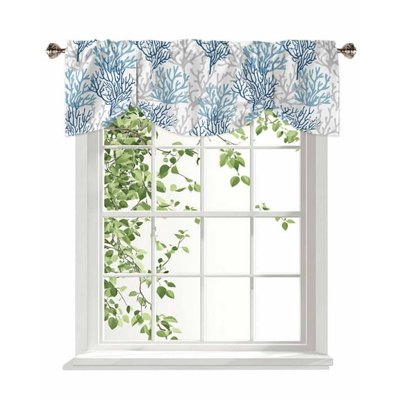 Tie Up Valance Curtain for Kitchen, Ocean Blue Coral Seamless Rod Pocket Short Curtains Adjustable Tie-Up Shade Valances, Nautical Coastal Marine Theme Window Treatment for Bathroom Bedroom 54x18in