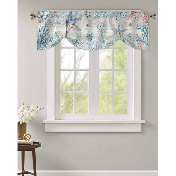 Tie Up Valance Curtain for Kitchen, Ocean Coral Shell Conch Starfish Rod Pocket Short Curtains Adjustable Tie-Up Shade Valances, Retro Blue Wood Grain Window Treatment for Bathroom Living Room Bedroom